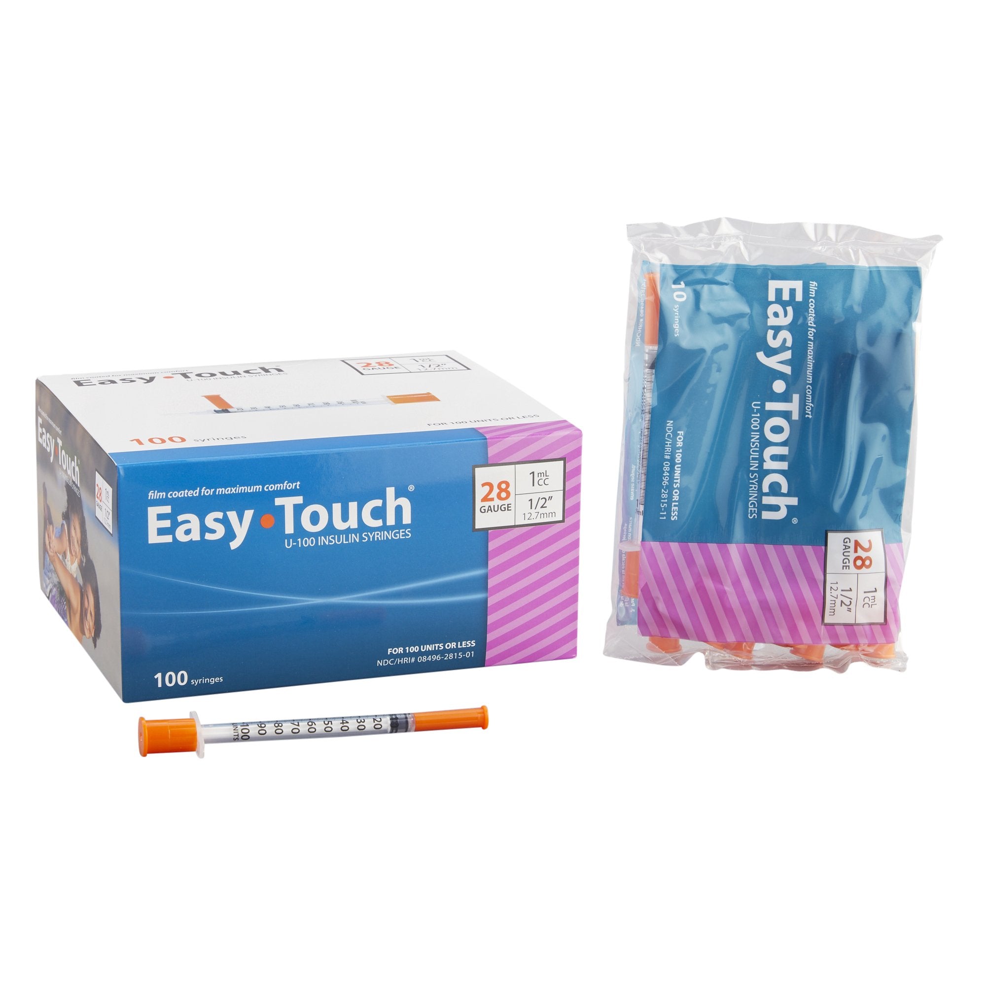 EasyTouch® Insulin Syringe – U-100, 28G x 1/2", 1cc (SKU: 828155)
