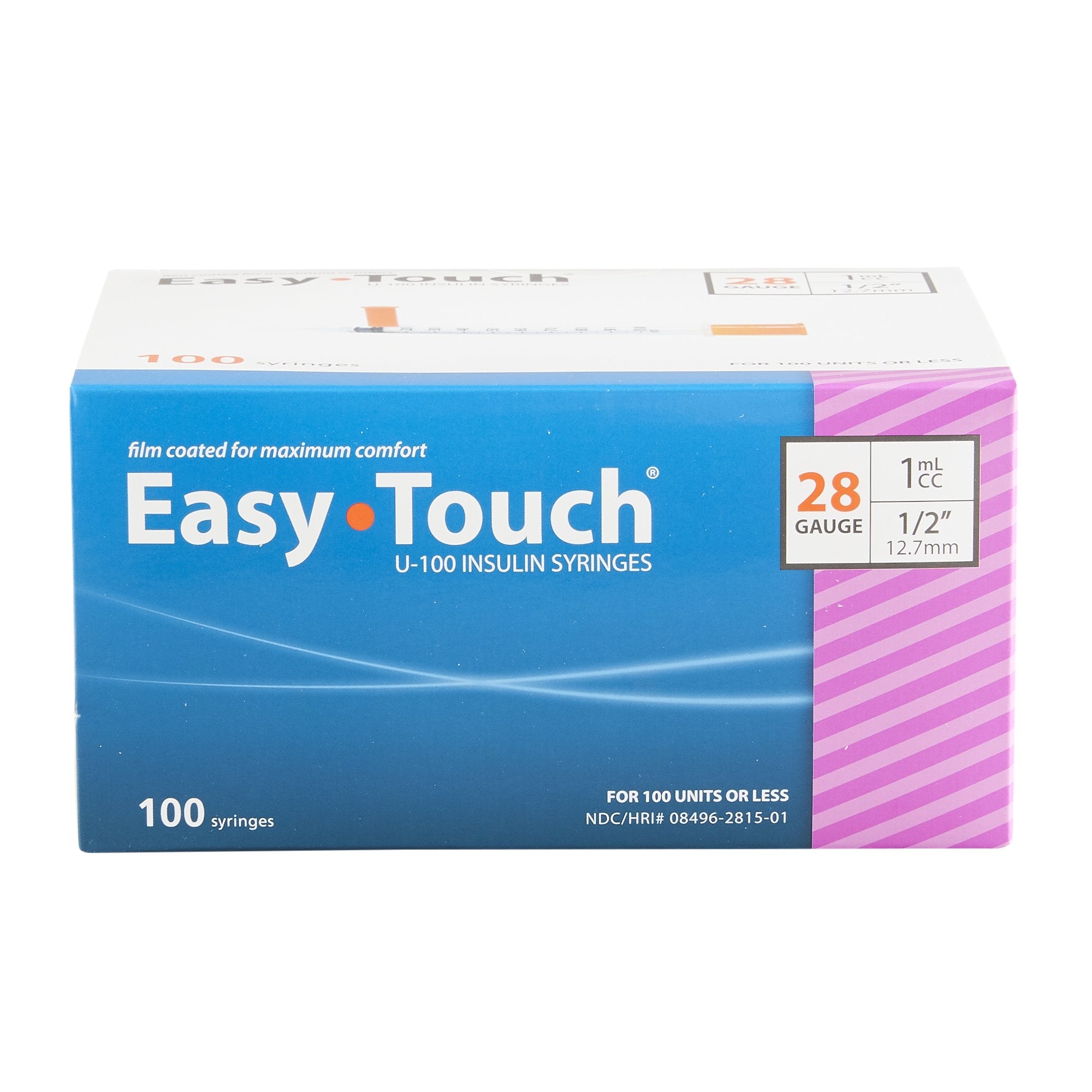 EasyTouch® Insulin Syringe – U-100, 28G x 1/2", 1cc (SKU: 828155)