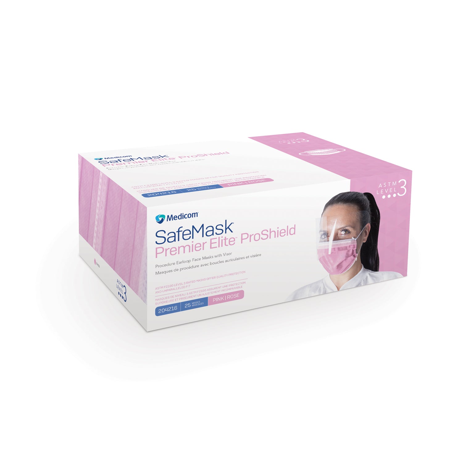 SAFE MASK® PREMIER ELITE PROSHIELD EARLOOP MASK WITH VISOR, ASTM Level 3, Pink, 25/bx, 4 bx/cs