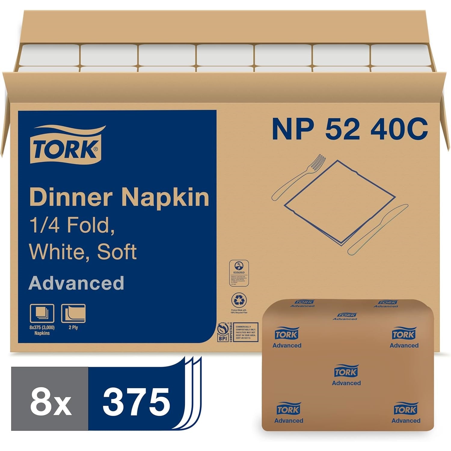 Tork Advanced Soft Dinner Napkin - 2-Ply, 1/4 Fold, White (SKU: NP5240C)