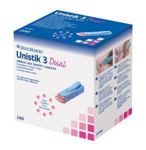 UNISTIK 3 LANCET DUAL FLOW 18G, 1.8 MM, 200/BX, 20 BX/CS