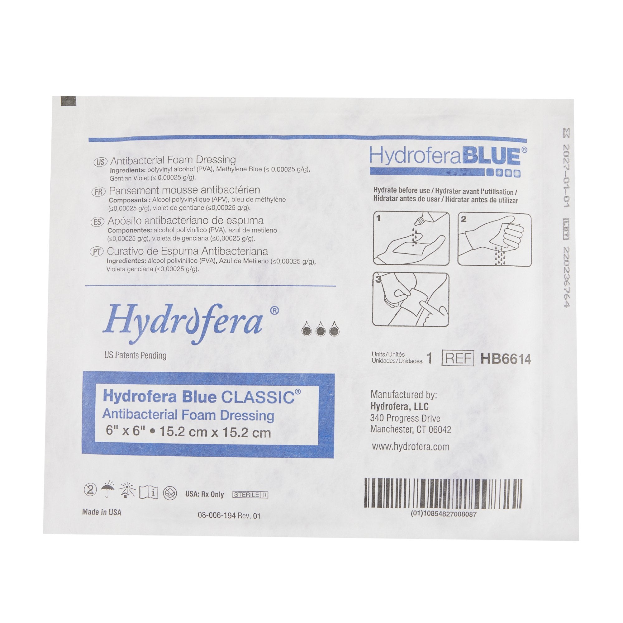 Hydrofera Blue® Bacteriostatic Foam Dressing – 6" x 6" (SKU: HB6614)