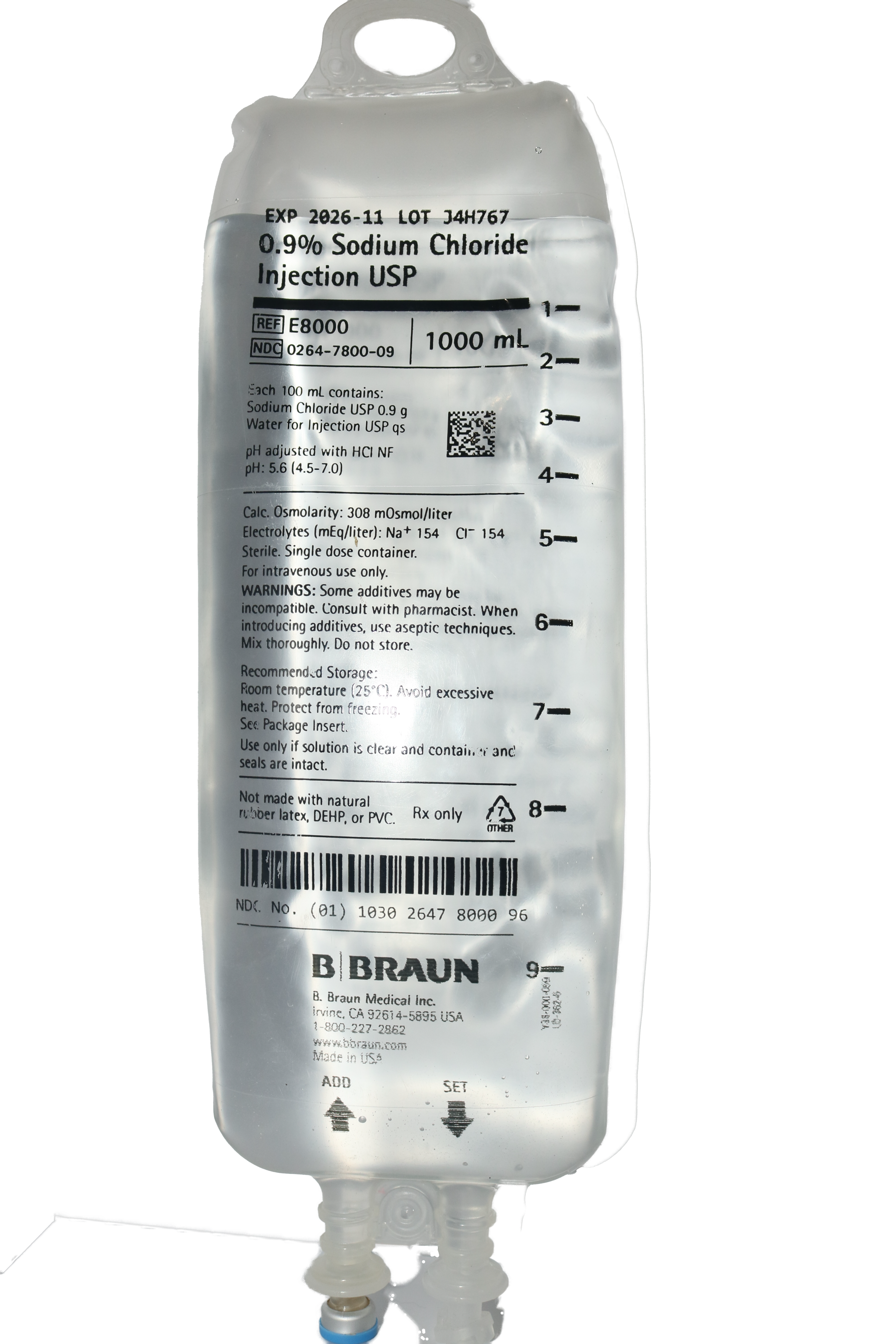 Braun E8000 - 0.9% Sodium Chloride Injection USP in E3 IV Container, 1,000mL