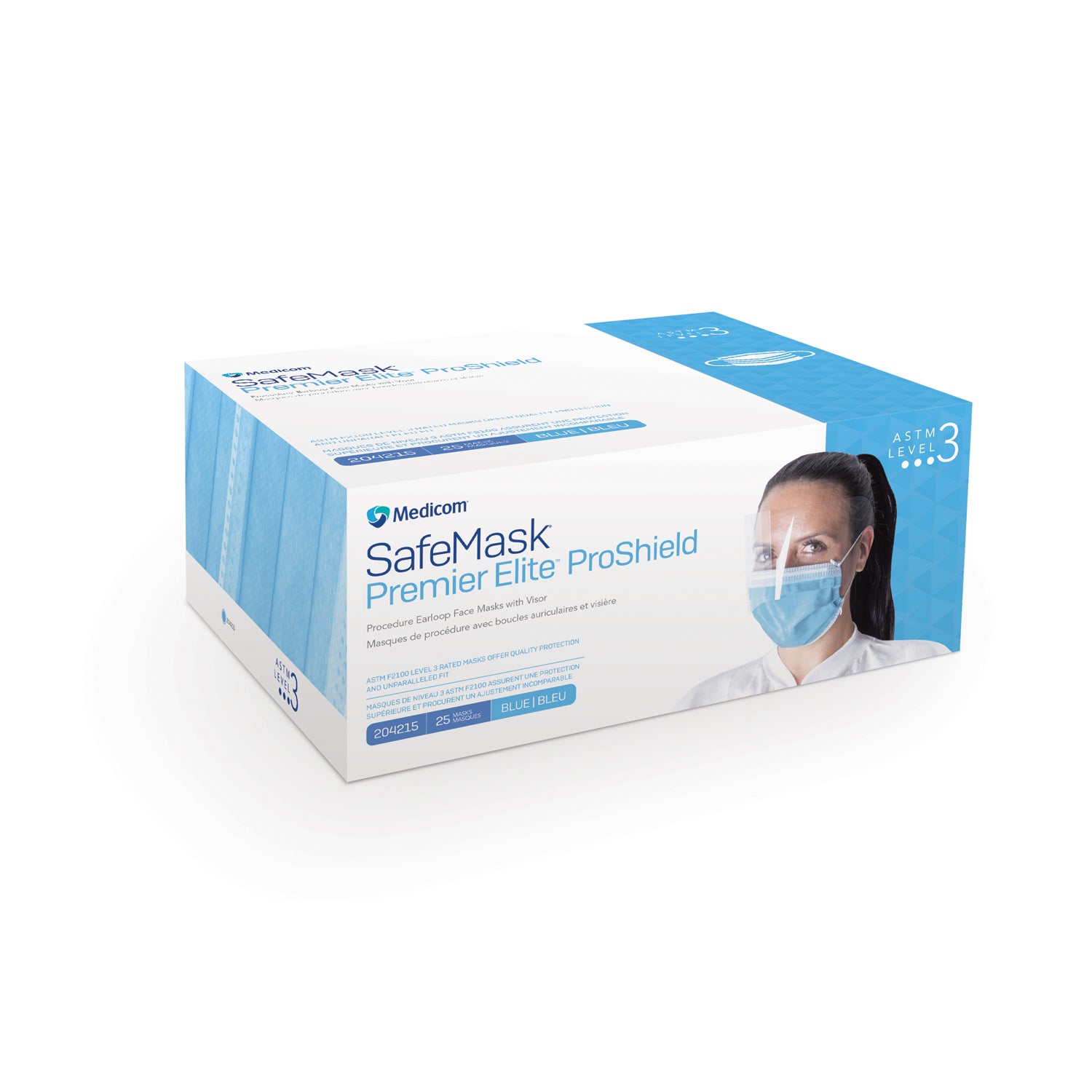 SAFE MASK® PREMIER ELITE PROSHIELD EARLOOP MASK WITH VISOR, ASTM Level 3, Blue, 25/bx, 4 bx/cs