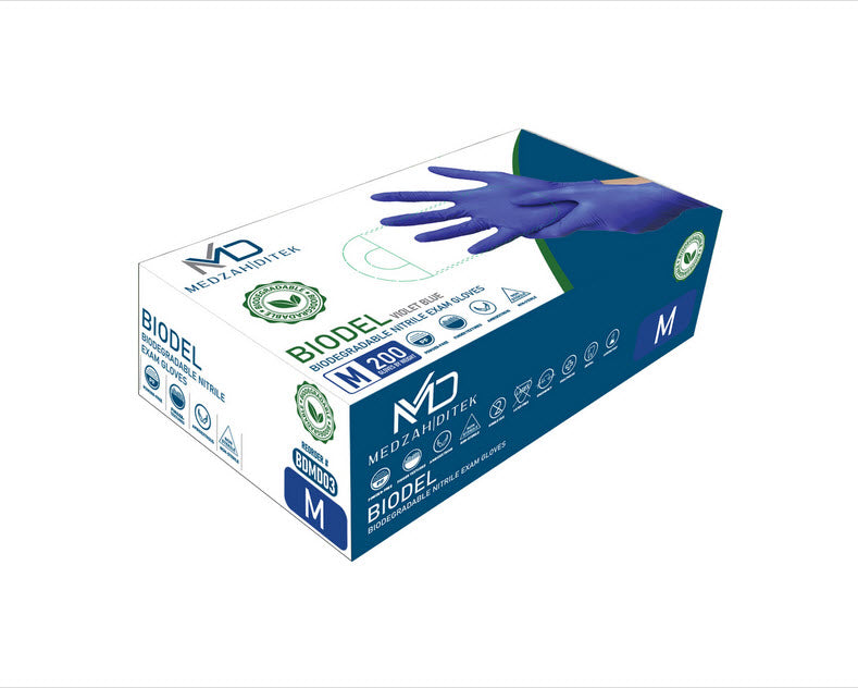 Exam Glove BIODEL Medium NonSterile Nitrile Standard Cuff Length Textured Fingertips Violet Blue Chemo Tested / Fentanyl Tested
