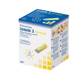 UNISTIK 3 NORMAL SAFETY LANCETS, 1.8MM DEPTH, 23 GAUGE, 100/BOX